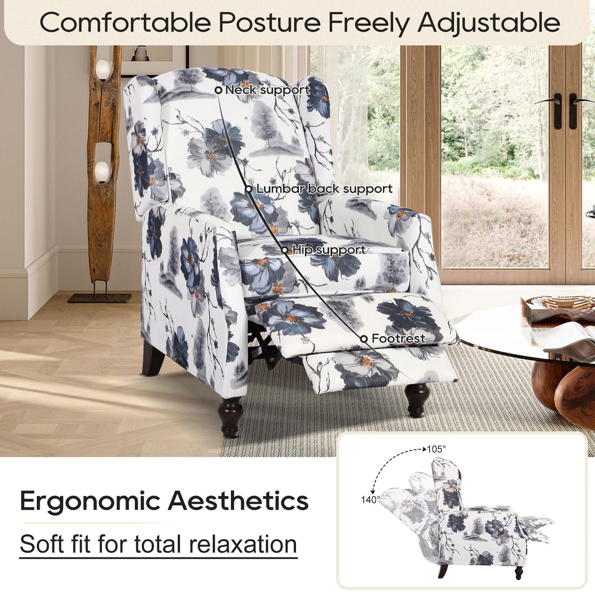 PALLOME Upholstered Wingback Recliner Chair, Mid Century Modern Manual Push Back Recliner for Living Room, Bedroom (2, Blue Floral) PALLOME