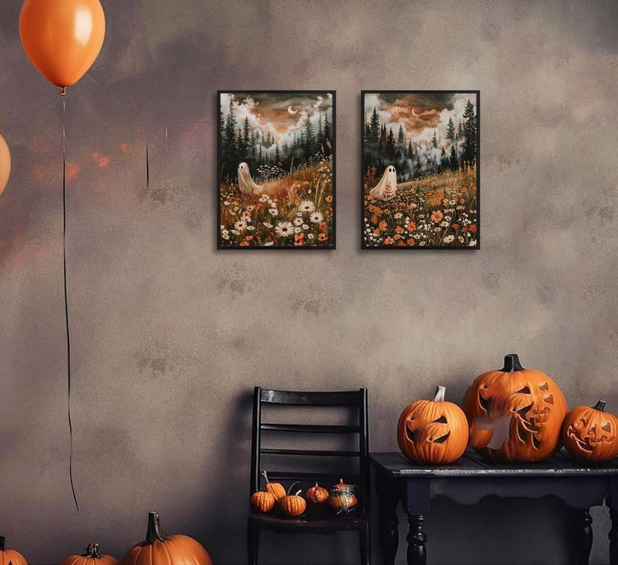 Halloween Whimsical Ghost Paint by Number Kit, 12x16inch Floral Meadow & Forest Moonlit Scenes DIY Painting for Adults and Kids, Halloween Autumn Art Craft Supplies Frameless Generic