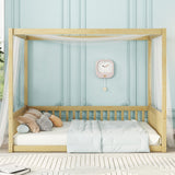 Full-Size Natural Canopy Bed Frame with Guardrails for Kids – Montessori Floor Bed Design Bellemave