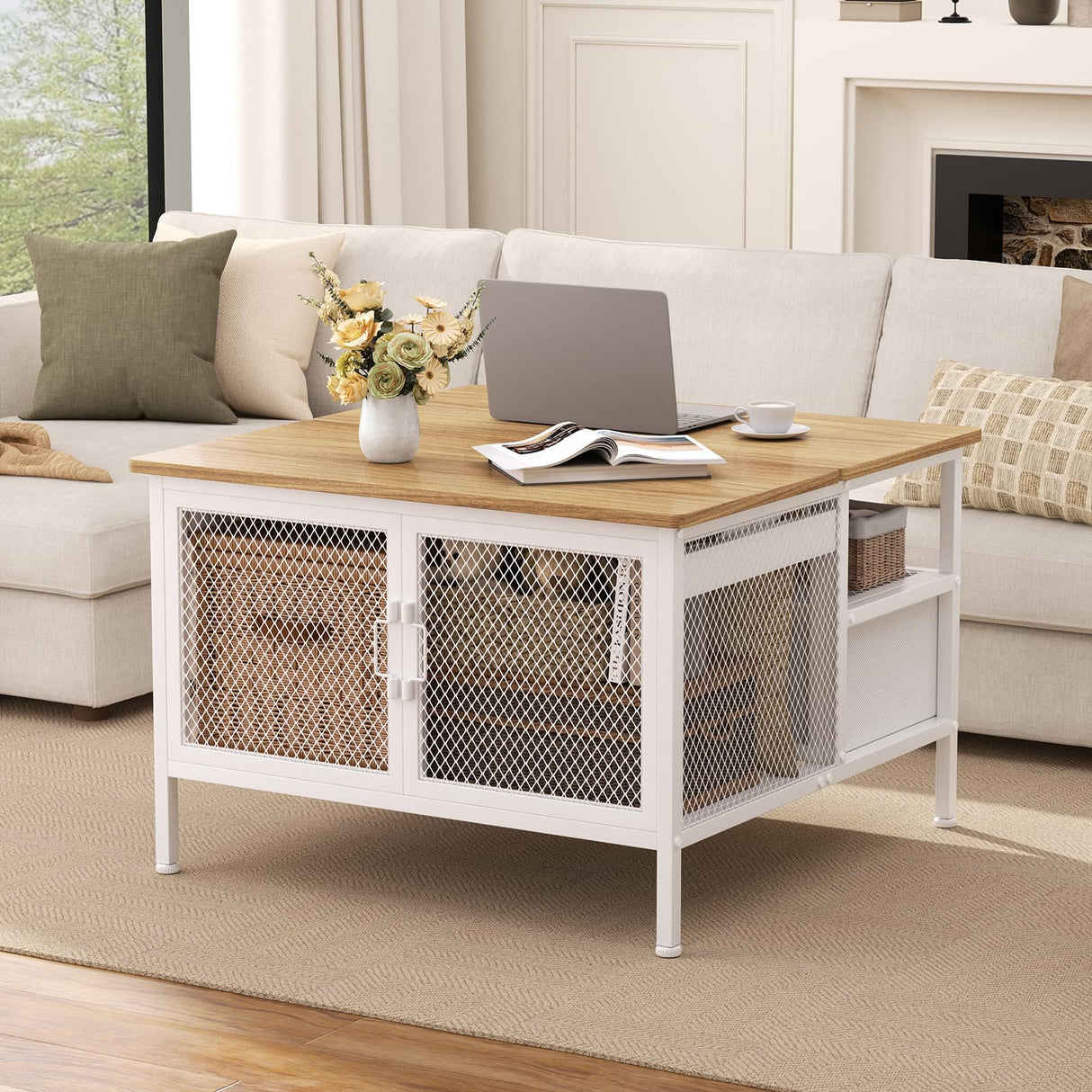 FABATO Lift Top Coffee Table, Square Coffee Table Metal Wood, Farmhouse Lift Up Coffee Table Cocktail Table with Wire Mesh Barn Door and Storage, Steel Frame, Small Tea Table for Living Room, White FABATO