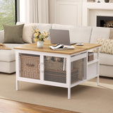 FABATO Lift Top Coffee Table, Square Coffee Table Metal Wood, Farmhouse Lift Up Coffee Table Cocktail Table with Wire Mesh Barn Door and Storage, Steel Frame, Small Tea Table for Living Room, White FABATO