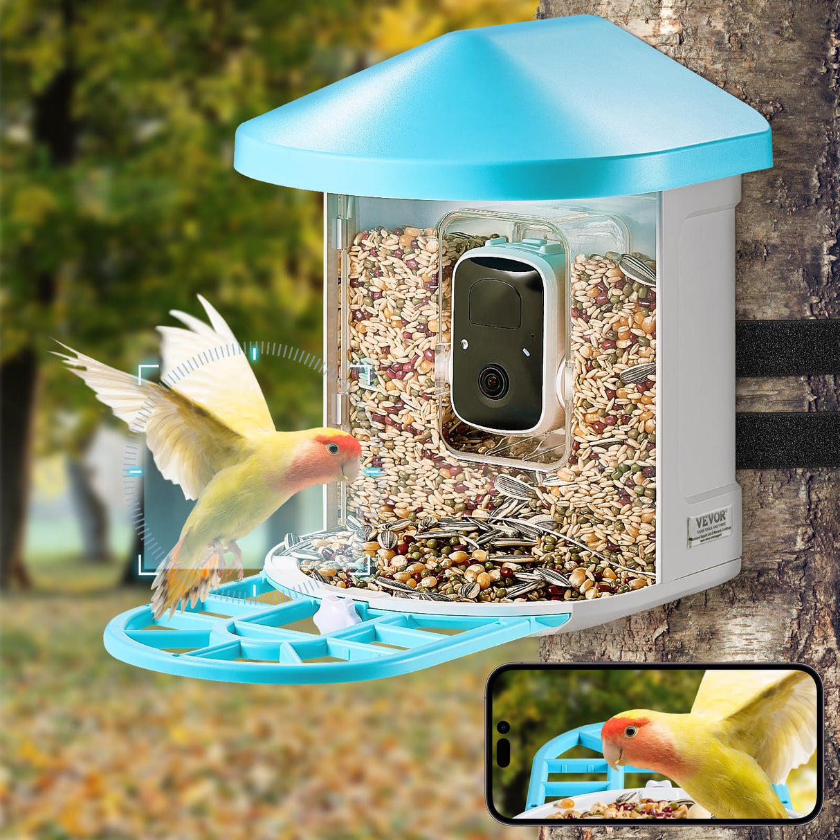 VEVOR Bird Feeder with Camera, Smart Bird House Camera Solar Powered, Wireless Vedio Birdhouse with AI Identify Resolution, 2K Full HD, Auto Detect & Notify, Ideal Present Choice for Bird Lover VEVOR