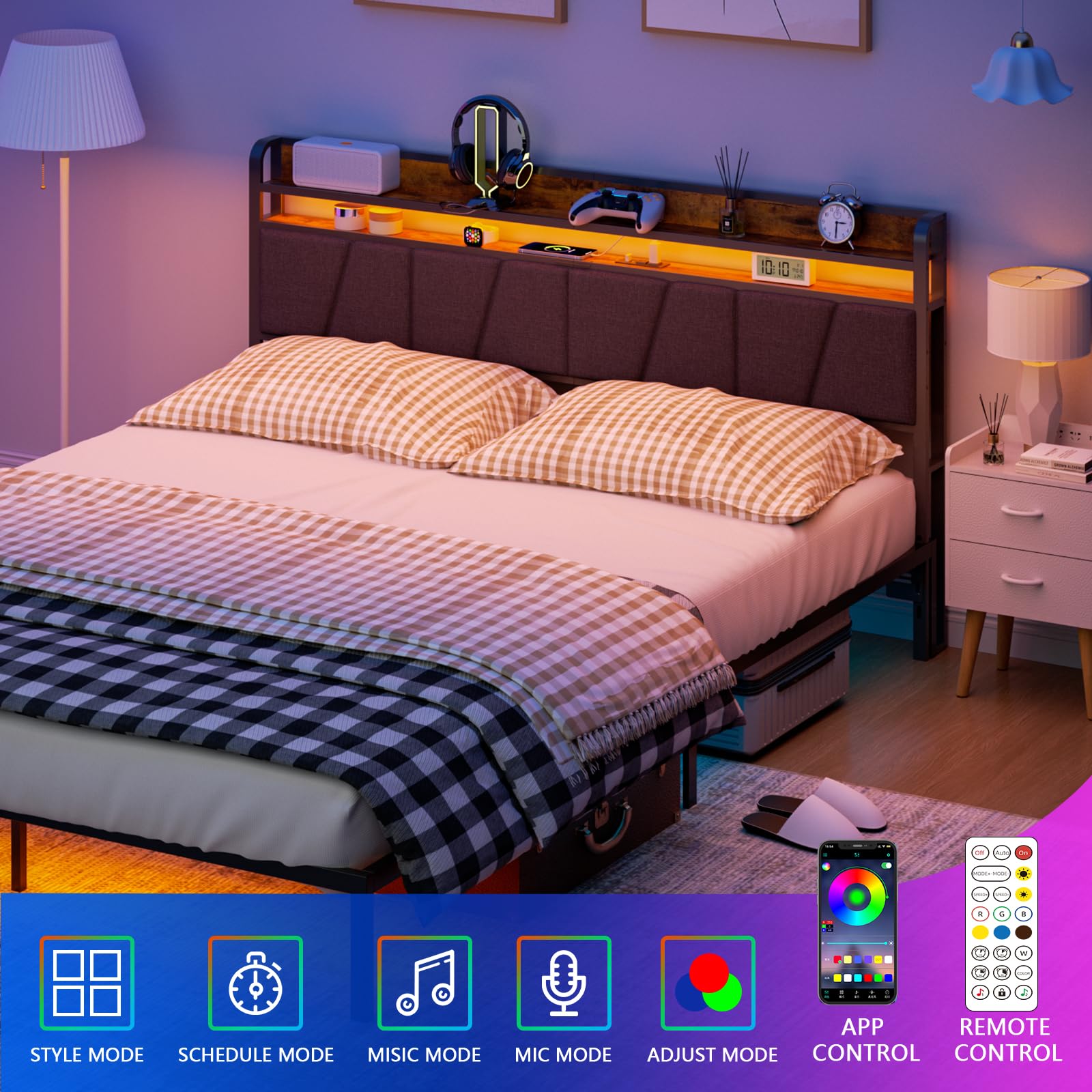 Furnulem King Size Headboard with Charging Station, USB Ports, and Adjustable RGB LED Light - WoodArtSupply