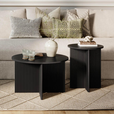 Stead Round Fluted Nesting Coffee Tables - 2 Piece Modern Wood Coffee Table for Living Room and Home Decor - Solid Wood Base and Grain Veneer Top (Blackened Oak)