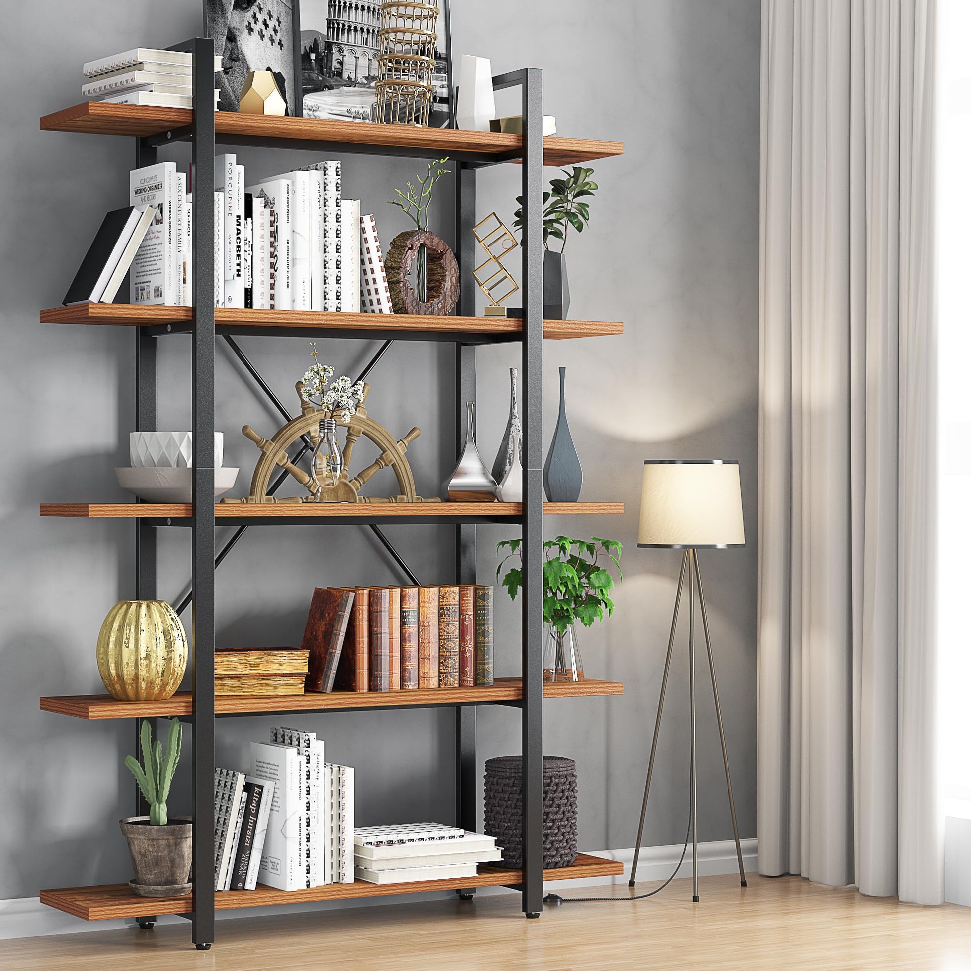 BATHWA 5-Tier Rustic Industrial Bookshelf - 6ft Tall Wooden and Metal Bookcase for Home & Office Storage - WoodArtSupply