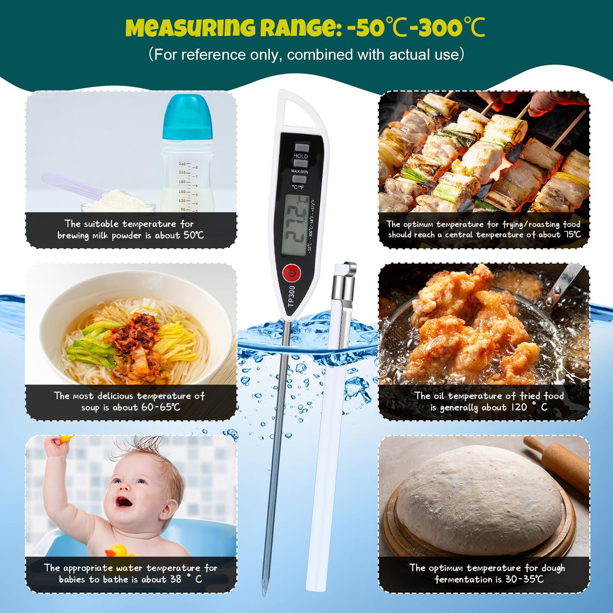 Copkim 6 Set Waterproof Food Thermometer for Water, Liquid, Candle and Cooking Digital Meat Thermometer with Long Probe Instant Read for Kitchen BBQ Grill Candy (White) Copkim