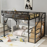 Mirightone Queen Size Loft Bed with Stairs and Storage, Metal Loft Bed Frame with Bedside Shelf and Large Under-Bed Space, Heavy-Duty Bed for Adults Teens and Kids, Black Mirightone