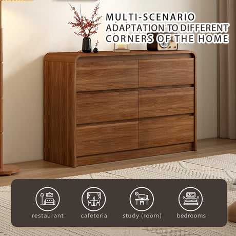 Modern 6 Drawer Dresser, 47-Inch Wood Chest of Drawers, Curved Anti-Collision Design, Mid-Century Storage Cabinet, Pre-Embedded Slots, Natural Texture, for Bedroom, Living Room, TV Stand, Nursery Messenya