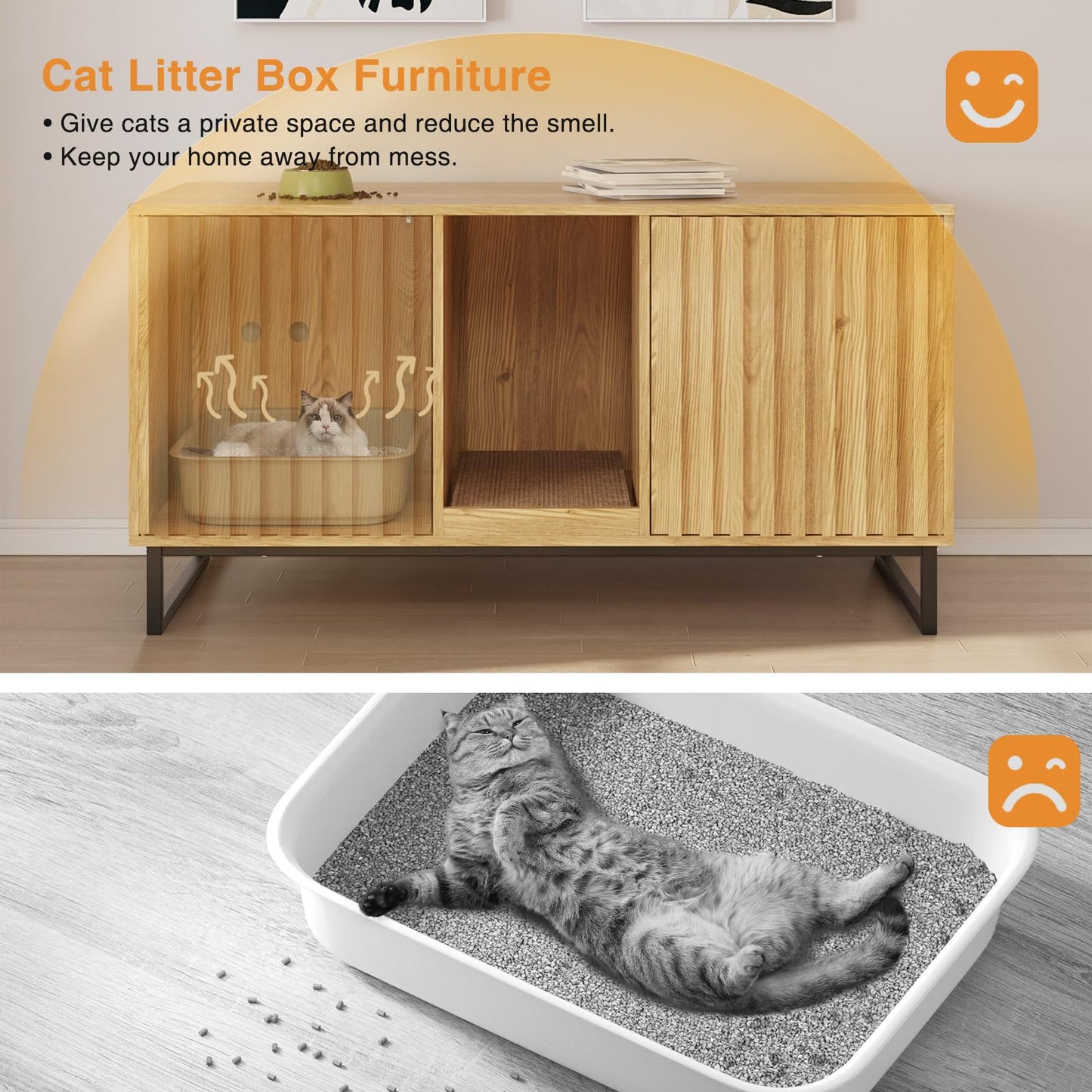 Fienveorn Cat Litter Box Enclosure for 2 Cats, 47.6’’ Litter Box Furniture Hidden with Cat Scratch Pad, Double Room Large Cat Cabinet, Indoor Cat House TV Stand Side Table,Cat Washroom - WoodArtSupply