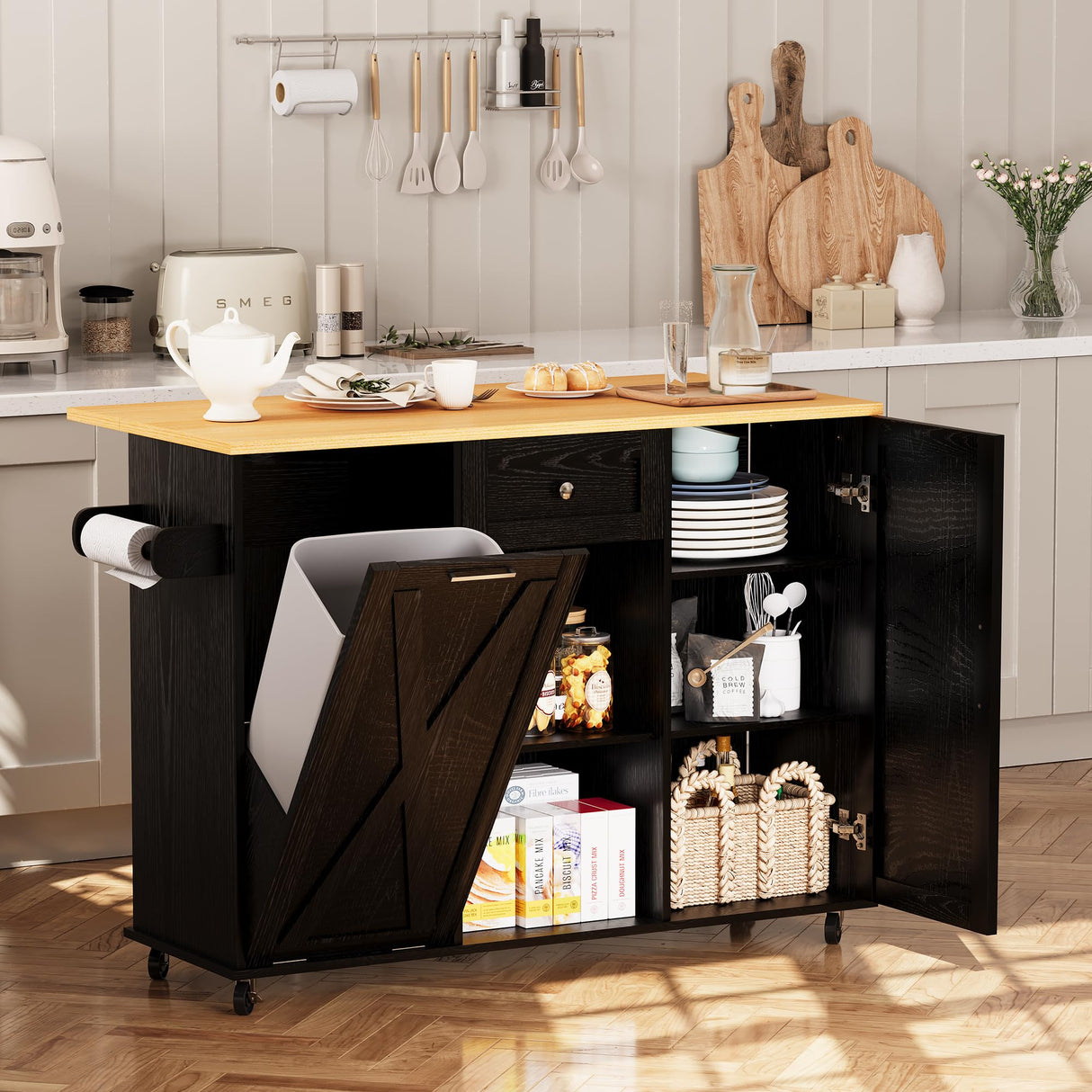 Rolling Kitchen Island with Trash Can Storage, Kitchen Island Cart with Drop Leaf Countertop, 47.2” Kitchen Island on Wheels, Island Table with Drawer & Shelf for Kitchen, Fits 10-Gallon Bins spanspace