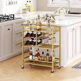 MAHANCRIS Bar Cart for Home, 3-Tier Serving Cart with Wheels and Handle, Beverage Cart with Wine Rack and Glass Holders, Rolling Wine Cart for Kitchen, Dining Room, Gold RCJ61B01 MAHANCRIS