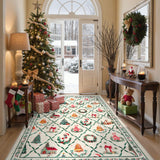 LIVEBOX Machine Washable Christmas Area Rug 5x7 - Moroccan Rug Thin Non-Slip Christmas Rugs for Living Room Bedroom,Large Neutral Low-Pile Green Rugs for Dining Room Office, Beige/Green LIVEBOX