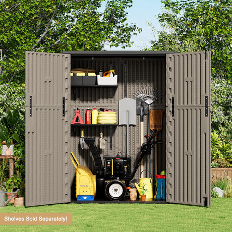 KINYING Outdoor Storage Cabinet Waterproof, 57 Cu.ft Resin Vertical Outdoor Storage Shed for Patio Furniture, Garden Tools, Pool Accessories, Mower Storage (Brown) KINYING