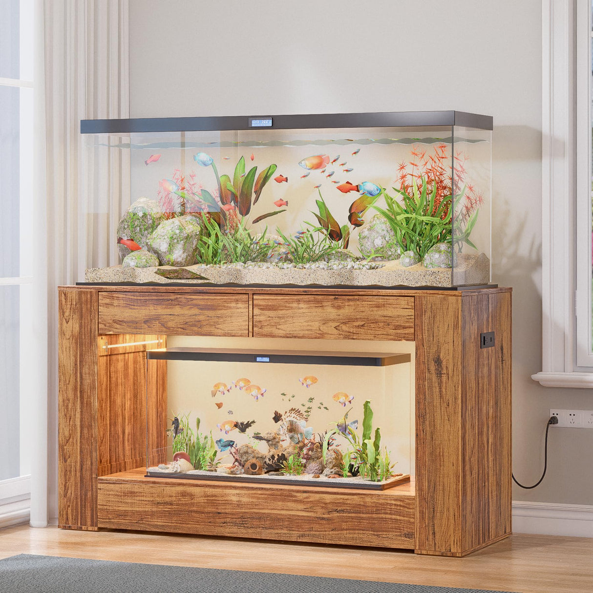 FUXJUM 55-75 Gallon Fish Tank Stand with Power Outlets & LED Light and Drawers,1000LBS Capacity,Aquarium Stand with 55.1" L*18.5" W Tabletop Suitable for Turtle Tank, Reptile Terrarium FUXJUM