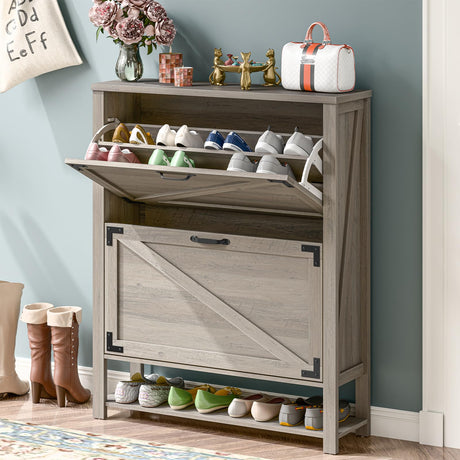 Shoe Storage Cabinet with 2 Flip Drawers, Farmhouse Shoe Cabinet for Entryway, Wood Narrow Shoe Rack Cabinet with Open Storage Rack, Shoe Organizer Cabinet with Metal Handles, Grey Vabches