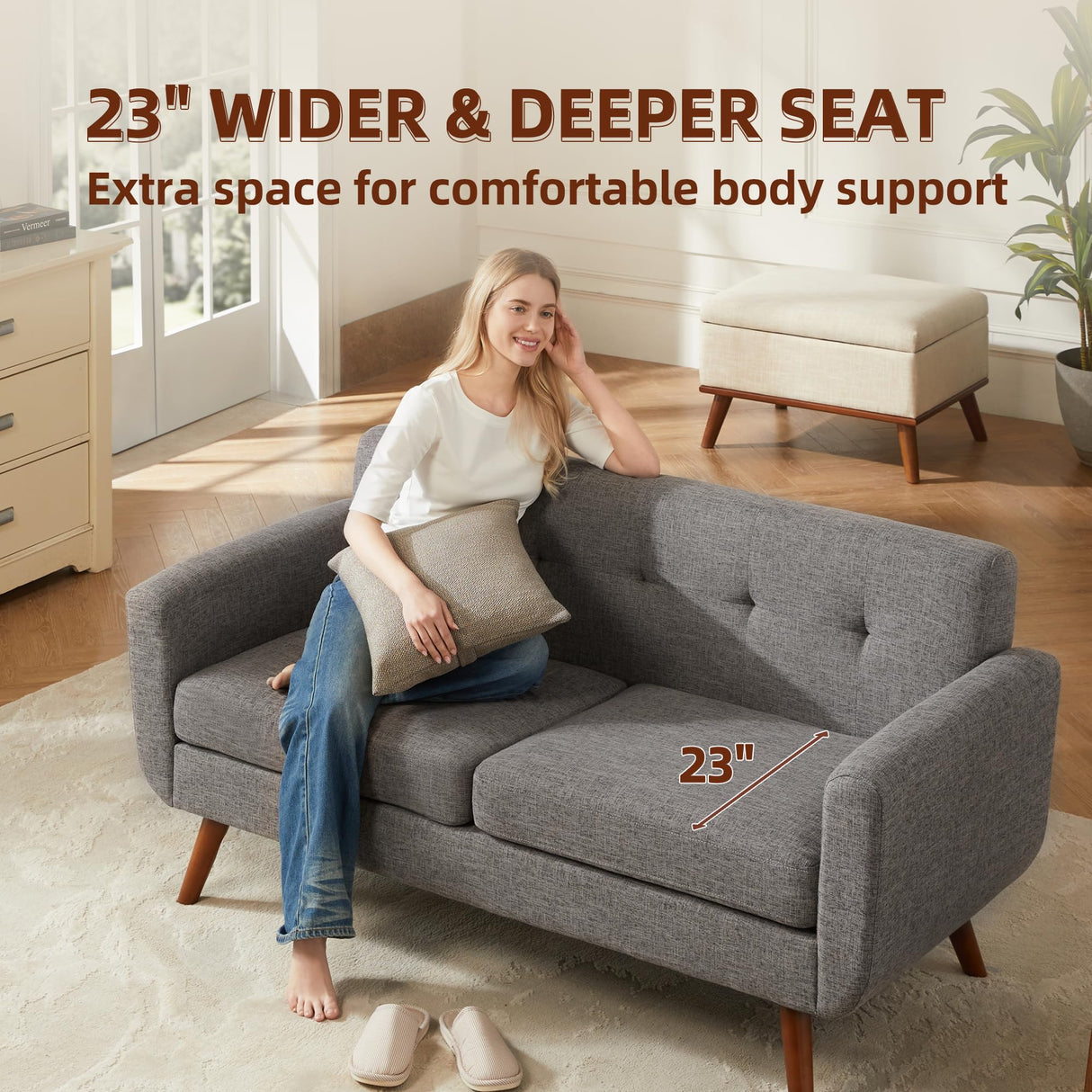 Tbfit 65" W Loveseat Sofa, Mid Century Modern Love Seat Couches for Living Room, Button Tufted Upholstered Small Couch for Bedroom, Solid and Easy to Install Love Seats Furniture, Grey Tbfit