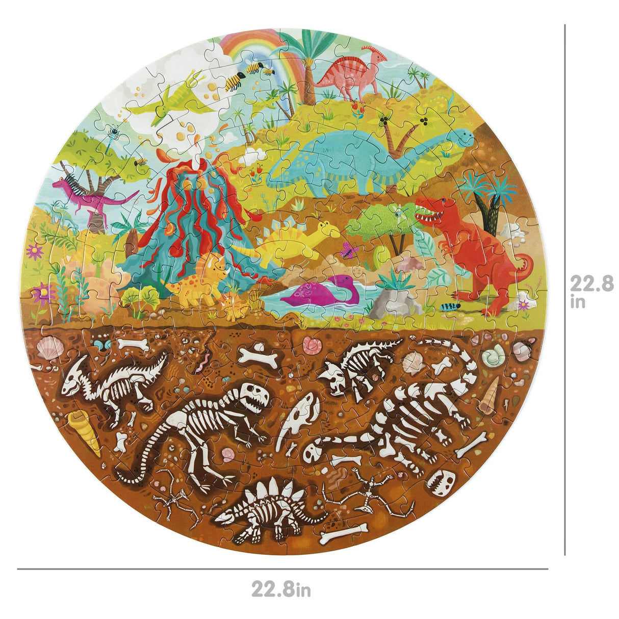 boppi Dinosaurs Round Jigsaw Puzzle with 100% Recycled Card T-rex Stegosaurus and Triceratops Fossils 150 Pieces for Children 5 6 7 8 Years 58cm Diameter boppi