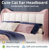 LIKIMIO Pink Floating Bed Frame King with Cat Ear Headboard and LED Lights LIKIMIO