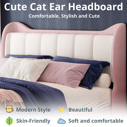 LIKIMIO Pink Floating Bed Frame King with Cat Ear Headboard and LED Lights - WoodArtSupply