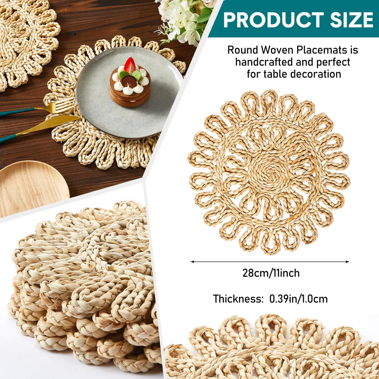 Zopeal 16 Pieces 11 Inches Woven Round Placemats Rattan Chargers Wicker Boho Placemats Natural Braided Table Mats Corn Husk Place Mats Wicker Charger Plates for Wedding(Hollow) Zopeal