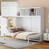 Merax Modern Farmhouse Solid Wood Murphy Bed Chest with Top Cabinets, Tall Wall Platform Bed Space Saving/Wood Slat Support Full,White Merax