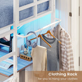 Hasuit Space-Saving Twin Loft Bed with RGB LED Lights and Guardrail, Metal Frame with Clothes Rack Hasuit