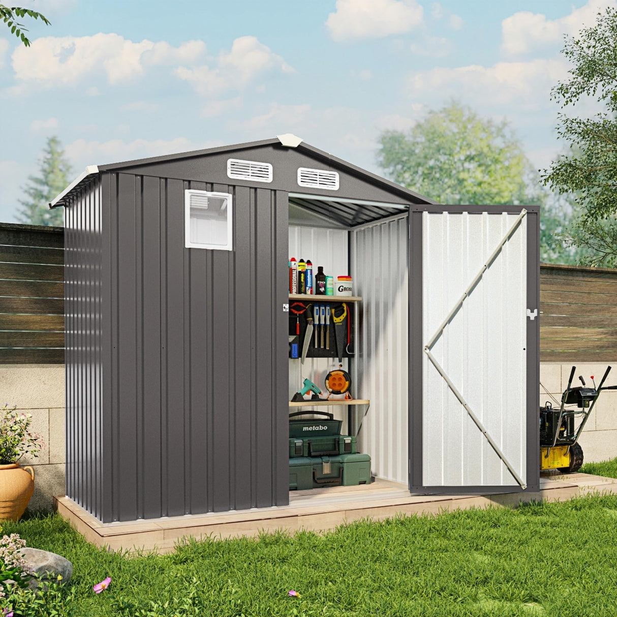 Vigo huseeo 6x3.6FT Outdoor Storage Shed, Galvanized Steel Garden Shed with Lockable Door & Window, Waterproof Metal Tool Storage for Garden, Backyard, Patio, Lawn(Peak Roof) Vigo huseeo