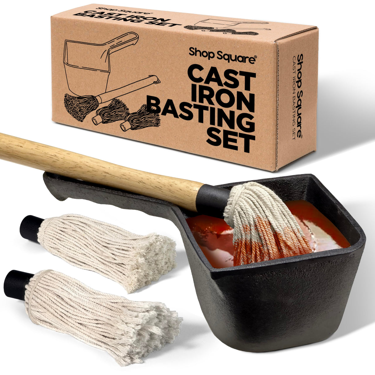 Cast Iron Sauce Pot with BBQ Mop Brush – Small Cast Iron Basting Pot & Mop Brush for Grilling, Smoking, and Saucing – BBQ Mop Brushes for Sauce, 24 Oz Shop Square