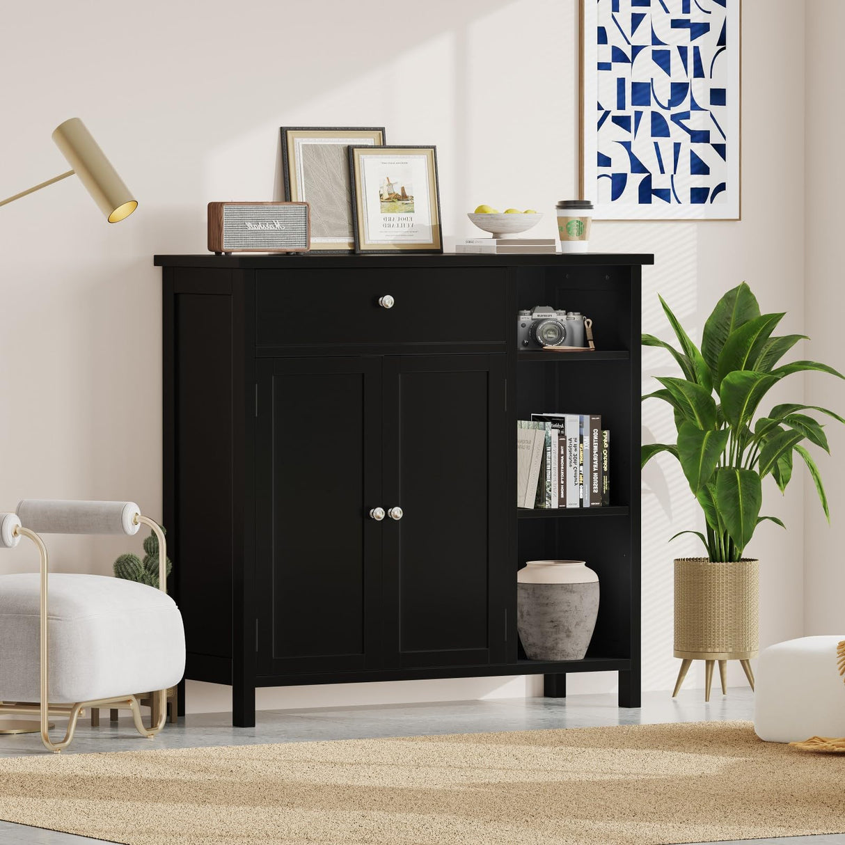 Irontar Freestanding Bathroom Cabinet with Doors, Bathroom Floor Cabinet with Drawer & Adjustable Shelf, Kitchen Cupboard, Storage Cabinet for Bathroom, Living Room, Entryway, Black CWG001H Irontar