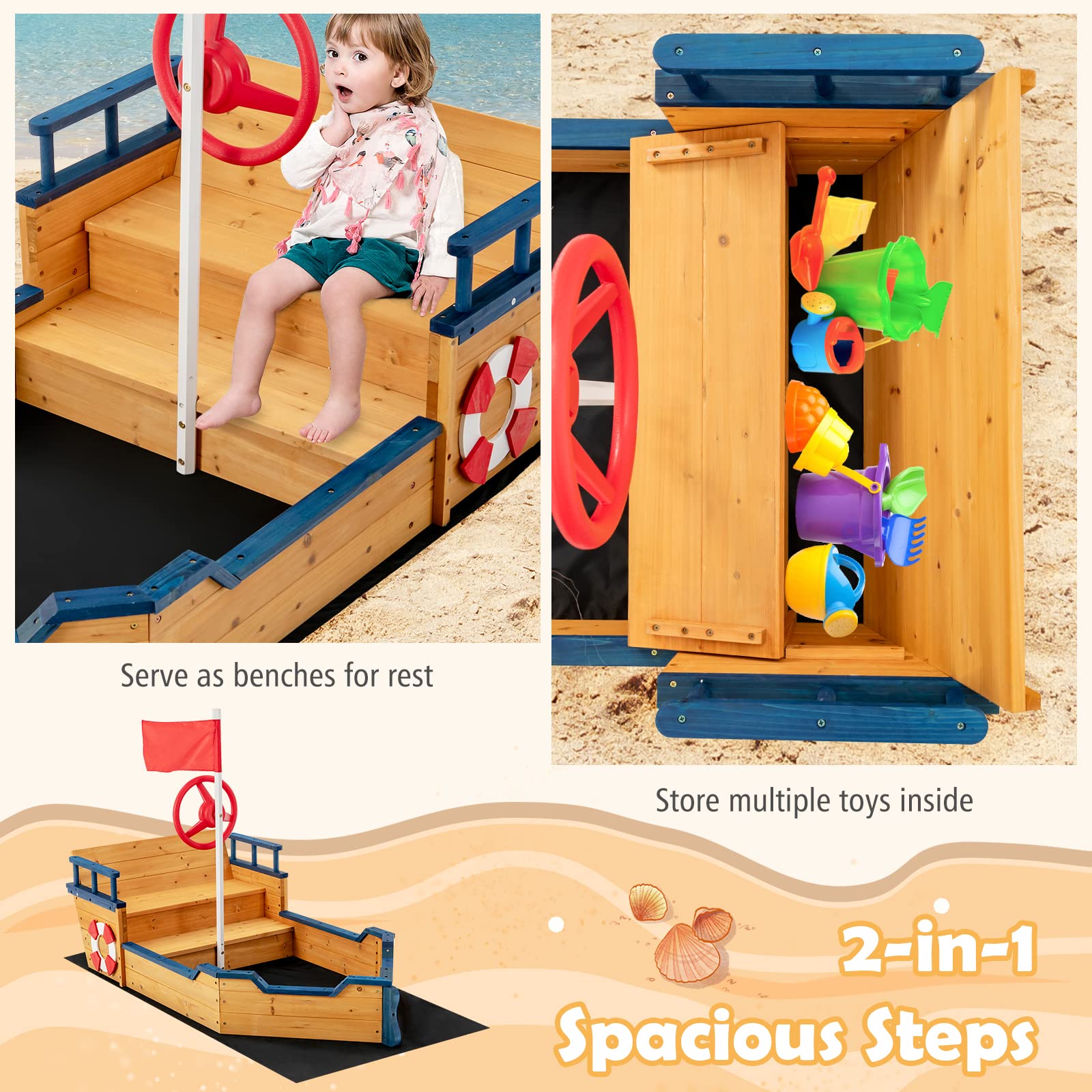 Costzon Pirate Boat Wood Sandbox for Kids, Wooden Pirate Sandpit w/Bench Seat, Storage Space, Ground Liner, Realistic Flag Rudder Buoy, Children Outdoor Playset for Backyard, Home, Lawn, Gard - WoodArtSupply