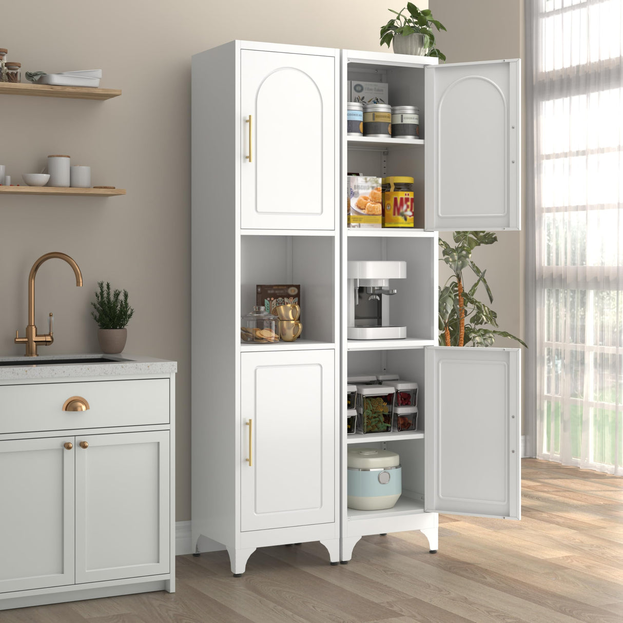 UNICOLY 75" Tall Kitchen Pantry Storage Cabinet, Pantry Cabinet with Doors and Shelves, Microwave Stand, for Laundry, Living Room, Bathroom, Dinning Room, Assembly Required, White UNICOLY