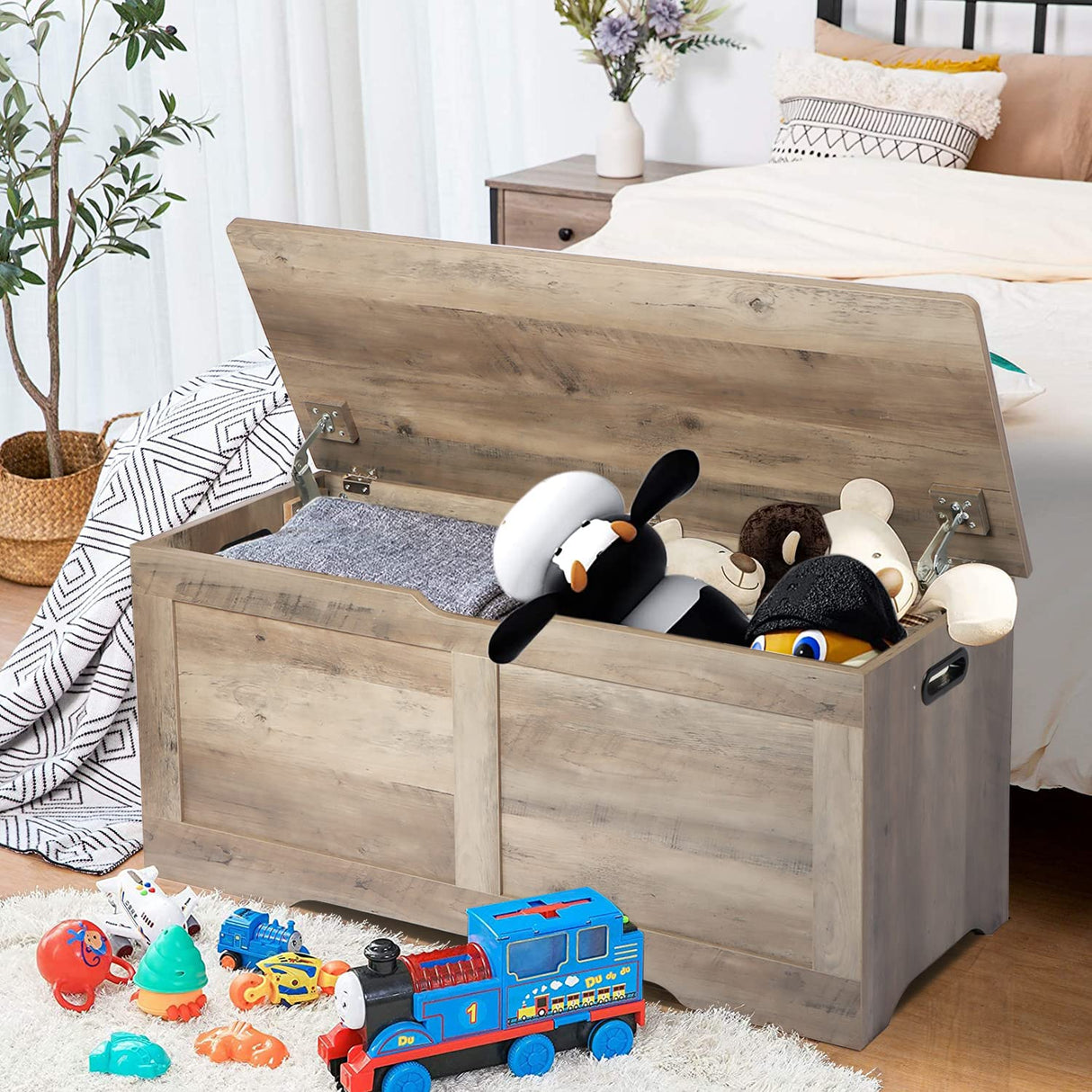 Timberer 39.4" Storage Chest, Wooden Storage Bench, Lift Top Toy Chest with 2 Safety Hinges, Large Toy Box, Entryway Bench for Living Room, Bedroom, Grey Timberer