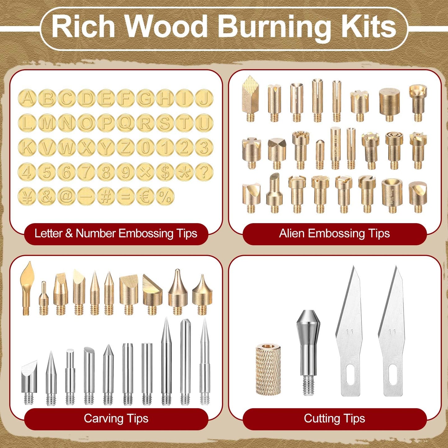 Lothee 136 Pieces Wood Burning Kit Wood Burning Tools Set Wood Burner Tips Adjustable Temperature Pen Stencils with Wood Chips for Wood Burner DIY Embossing Carving Crafts - WoodArtSupply