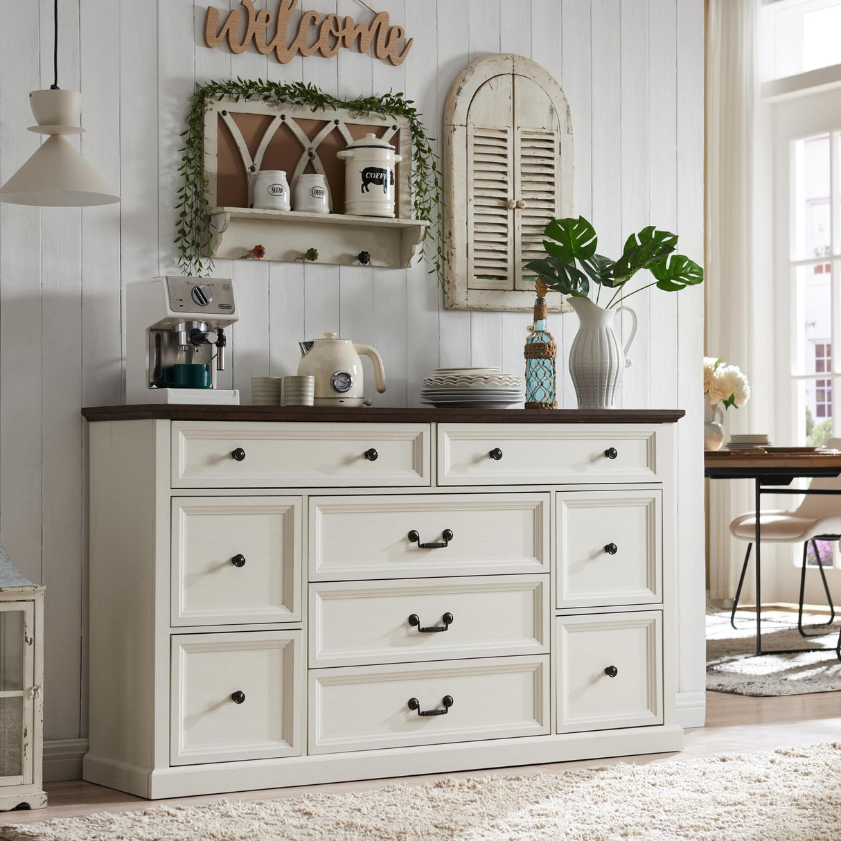 IFGET Farmhouse Buffet Cabinet, 60" Storage Cabinet w/9 Drawers, Large Wood Rustic Sideboard Cabinet w/Three Drawer Sizes, Coffee Bar Cabinet for Dinning Room, Hallway, Bedroom (White) IFGET