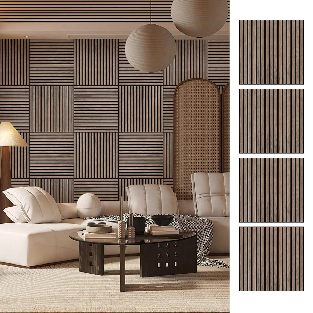 ARMURO Wood Slat Wall Panel - 4 PCS Walnut Wood Panels for Wall, Natural Wood Veneer Acoustic Slat Wood Wall Panels - Wood Slats for Wall Soundproof Wood Panels 23.6" W x 23.6" L ARMURO