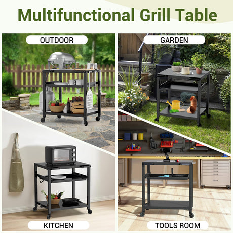 NUUK Outdoor Grill Prep Table 24"x30" Metal Grill Cart Outside 3-Layer Pizza Oven Table Movable with Universal Wheels for BBQ Backyard Patio NUUK