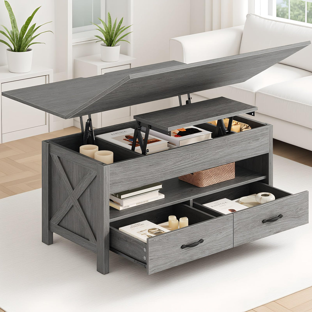 Amada Lift Top Coffee Table, 4 in 1 Convertible Coffee Table with Drawers and Hidden Compartment, Expandable Center Table Converts to Dining Table for Living Room, Wash Grey AMADA HOMEFURNISHING
