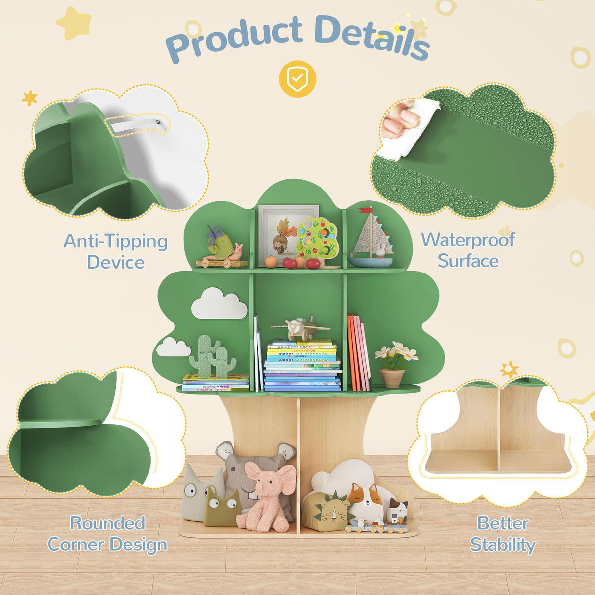 Curipeer Tree Kids Bookshelf, Toddler Bookshelf for Kids, Baby Montessori Bookshelf and Toy Storage, Wooden Kids Bookcase, Book Shelf for Kids Rooms, Nursery, Bedroom, Playroom, Green Curipeer