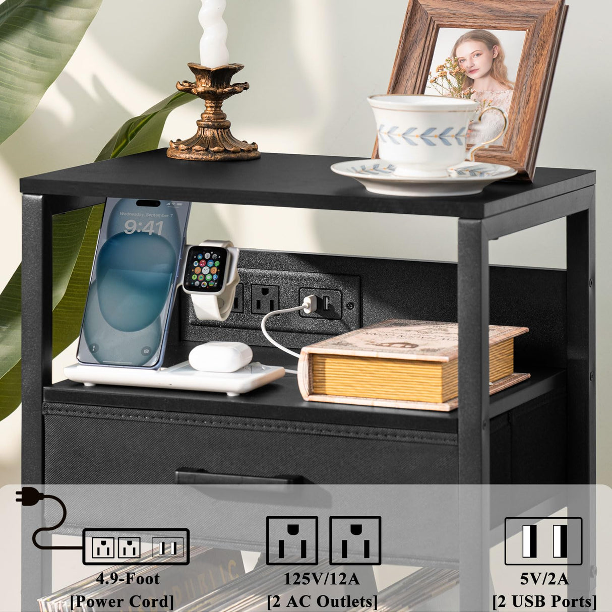 LELELINKY Record Player Stand with Fabric Drawer, 3 Tier AV Media Stands with Charging Station and USB Ports,Turntable Rack with Storage Up to 100 Vinyl Albums, Black DVD Video Game Console Shelf LELELINKY