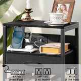 LELELINKY Record Player Stand with Fabric Drawer, 3 Tier AV Media Stands with Charging Station and USB Ports,Turntable Rack with Storage Up to 100 Vinyl Albums, Black DVD Video Game Console Shelf LELELINKY