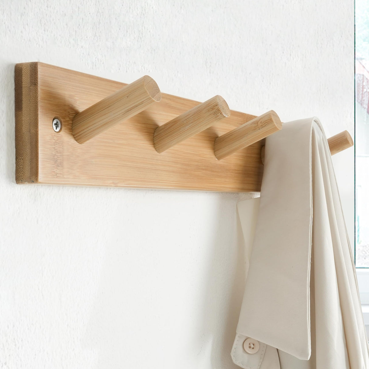 SKOLOO Wooden Wall Mounted Coat Rack,16'' Hole to Hole, 5 Pegs Bamboo Wall Hook for Hanging Clothes Robes Towels Hats,Natural Gold SKOLOO