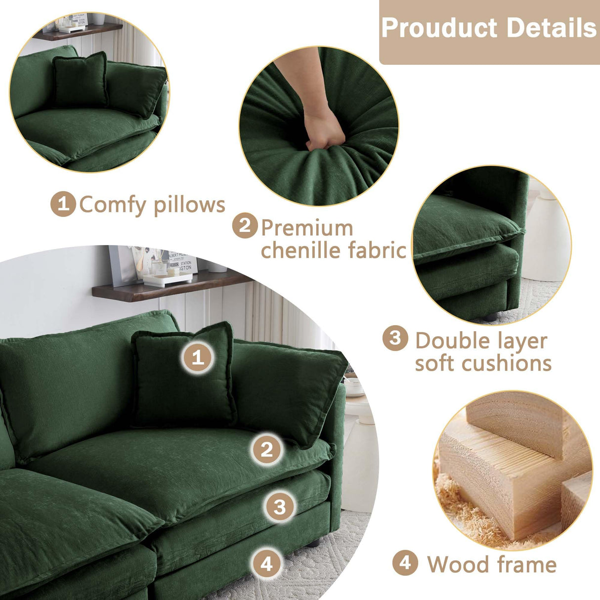 Ravy Concept Sectional Sofa 3 Seater with Movable 1 Ottoman,Oversized Modular Couch Deep Seat (Green, 111.5 inch-L) Ravy Concept