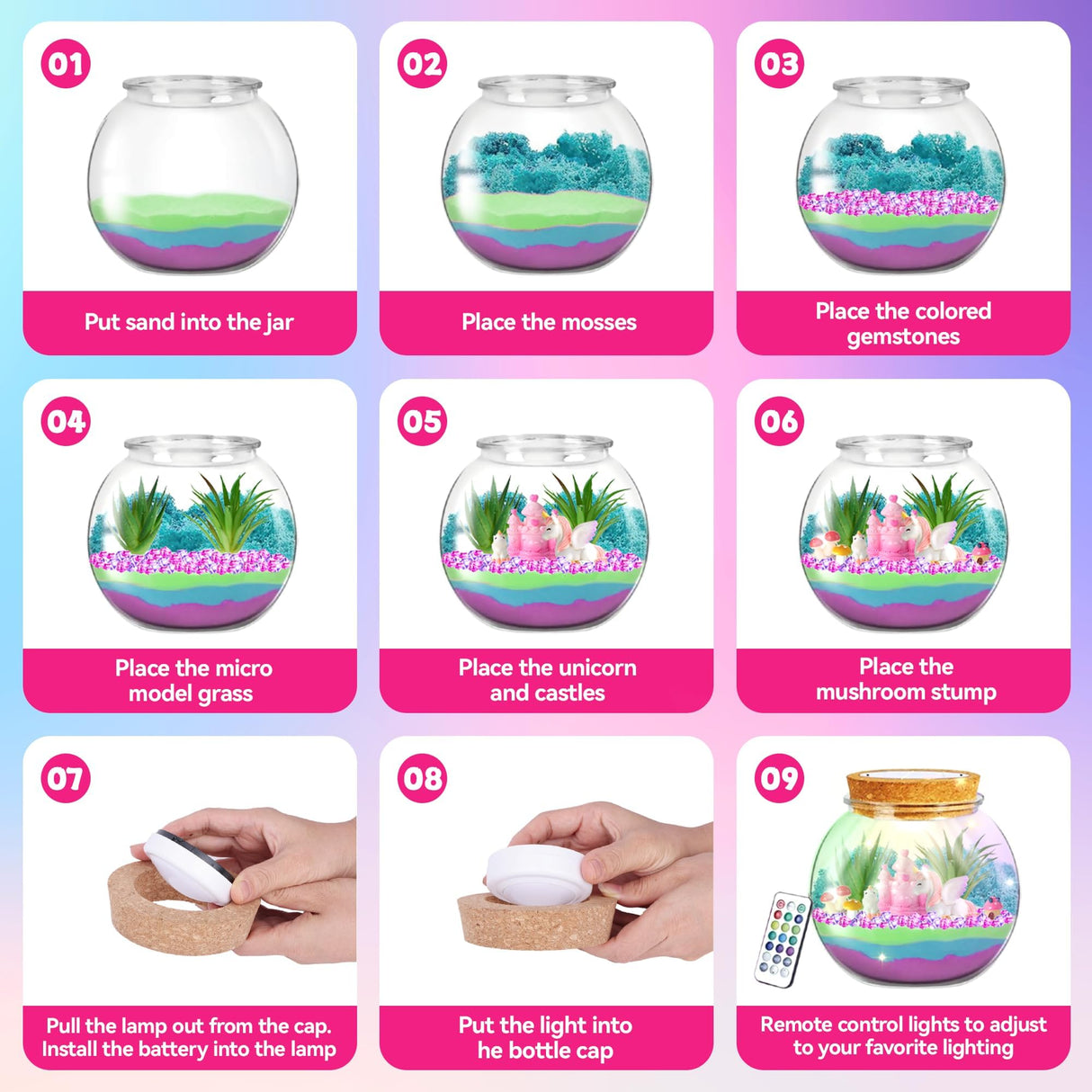 VigorFun Unicorn Terrarium Kit for Kids - Creative LED Night Light Gifts for Girls Birthday Age 3+, DIY Arts & Crafts Light Up Kit, Unicorn Toys for Kids 4 5 6 7 8 9 10 Year Old VigorFun