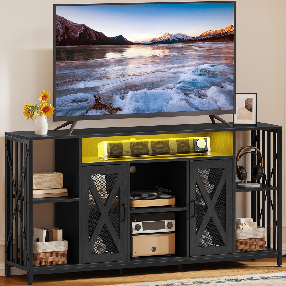 YITAHOME 33.5'' Tall TV Stands for Living Room, TV Entertainment Center with LED Light, TV Stand for TVs up to 70 Inch, Tall TV Console Cabinet with Power Outlets, Black YITAHOME