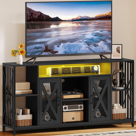 YITAHOME 33.5'' Tall TV Stands for Living Room, TV Entertainment Center with LED Light, TV Stand for TVs up to 70 Inch, Tall TV Console Cabinet with Power Outlets, Black YITAHOME