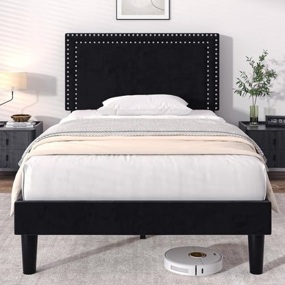 VECELO Twin Size Platform Bed Frame with Adjustable Upholstered Headboard, Modern Mattress Foundation, Strong Wood Slat Support, No Box Spring Needed, Easy Assembly