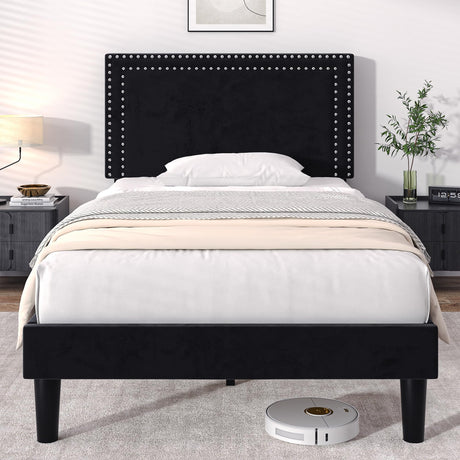 VECELO Twin Size Platform Bed Frame with Adjustable Upholstered Headboard, Modern Mattress Foundation, Strong Wood Slat Support, No Box Spring Needed, Easy Assembly VECELO