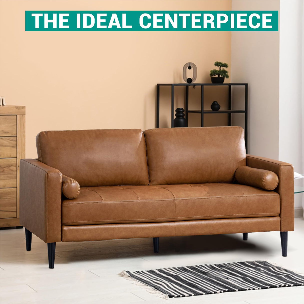 Naomi Home Genuine Leather Sofa - Revel in Exquisite Leather Opulence - Unparalleled Luxury Mid-Century Leather Sofa - Embodiment of Cozy Lounging and Contemporary Design Tan Naomi Home