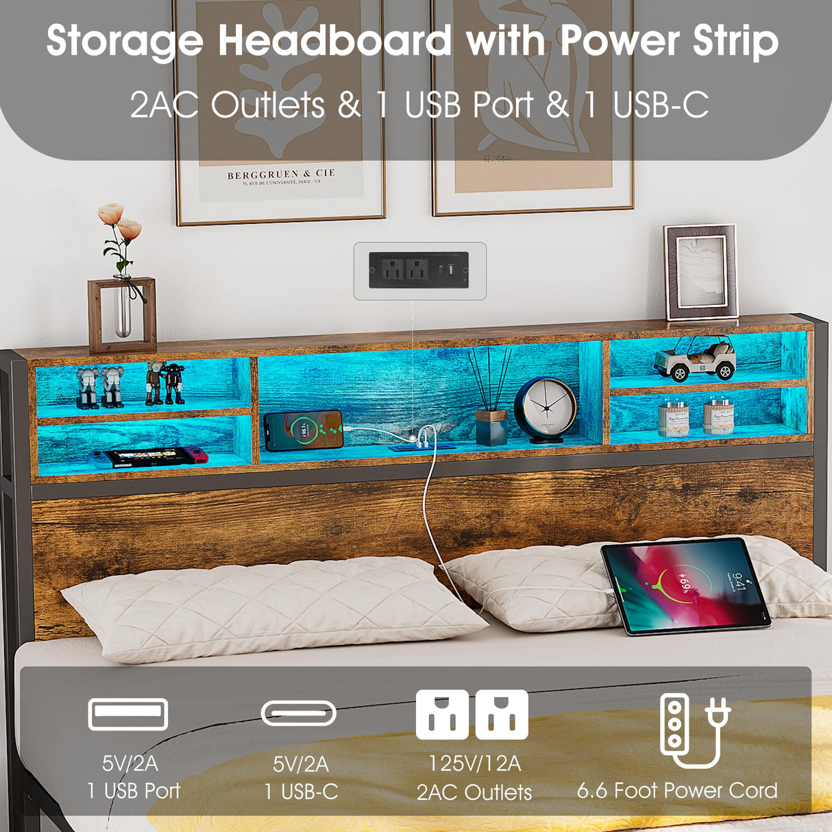 Alohappy Full Size Bed Frame with Storage Headboard and Drawers, Metal Platform Bed Frame RGB Led Lights and with Charging Station, No Nosie No Box Spring Needed (Full) Alohappy