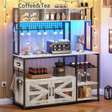 Itaar 47.2 Inch Bakers Rack with Power Outlet, Microwave Stand with Storage, Farmhouse Coffee Bar Cabinet Station with Wine Rack, Iron Mesh and 8-S Hooks, Vintage White Itaar